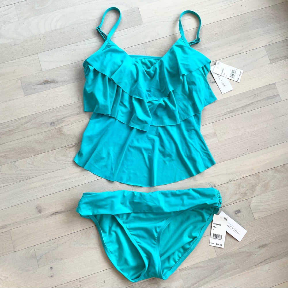 Kenneth Cole Reaction Ruffle Shuffle Tankini | Teal | Small - Picture 3 of 12